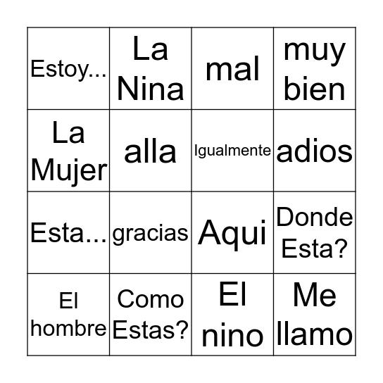 spanish Bingo Estar Vocab Bingo Card