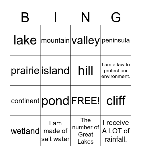 Landforms Bingo Card