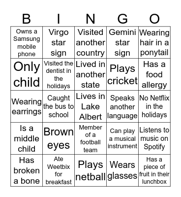 GETTING TO KNOW YOU BINGO Card