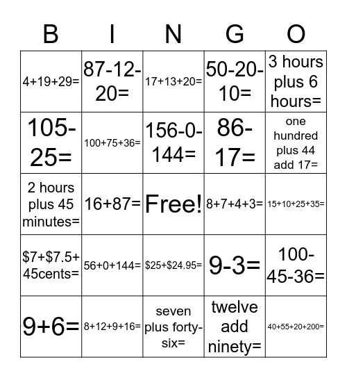 Numeracy 1 Bingo Card