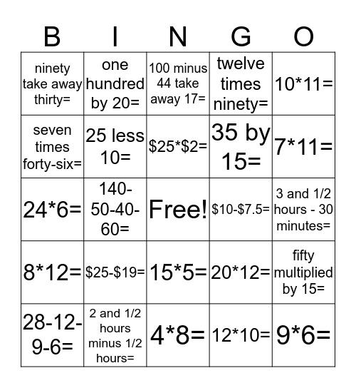 Numeracy 2 Bingo Card