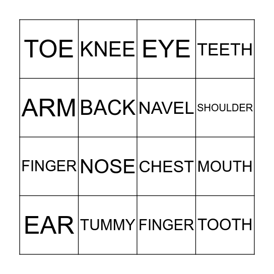 My Body EDGE ENGLISH Bingo Card