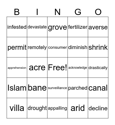 Vocabulary BINGO Card