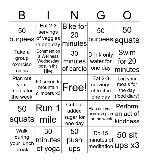 Wellness BINGO - Hard Bingo Card