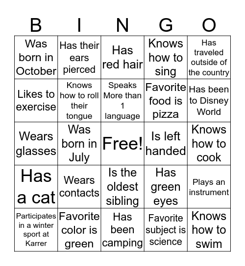 Karrer Connections Bingo  Bingo Card