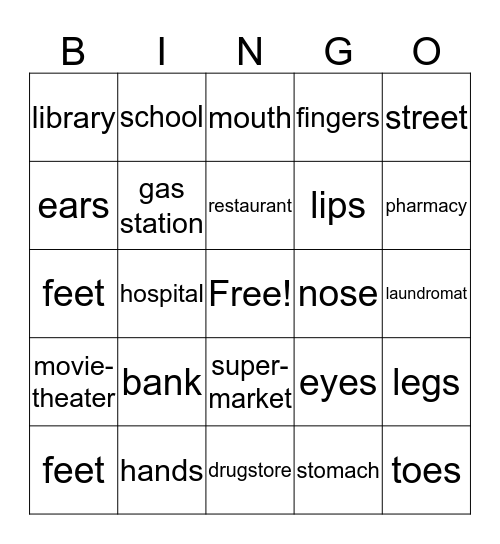 PLACES/Body Parts Bingo Card