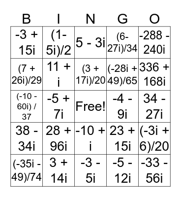 Algebra II Imaginary Numbers Bingo Card