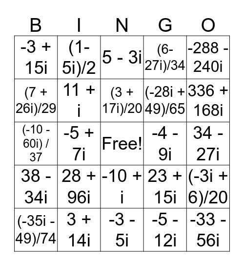 Algebra II Imaginary Numbers Bingo Card