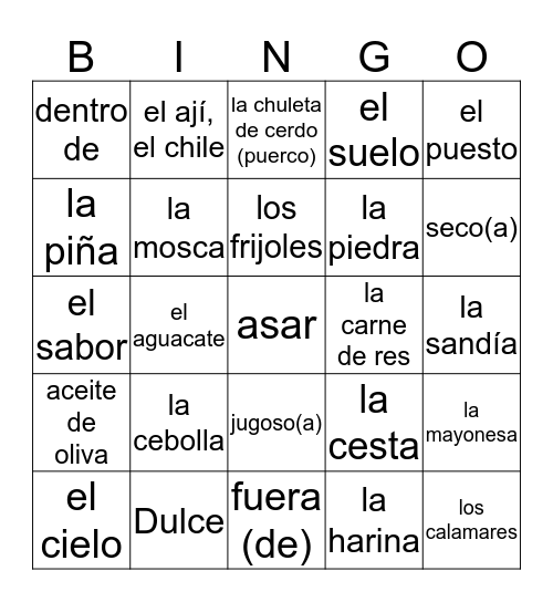 7B Comida al Aire Libre Bingo Card