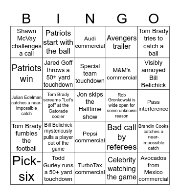 Super Bowl LIII Bingo Card