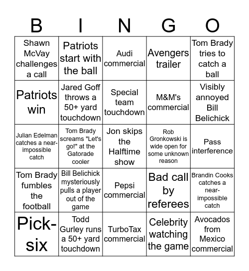 Super Bowl LIII Bingo Card