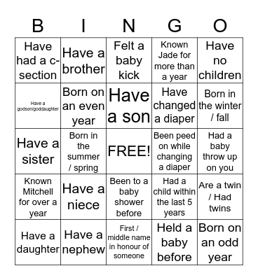 Baby Shower Bingo  Bingo Card