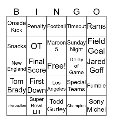 Super Bowl 2019 Bingo Card