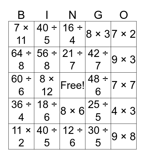 Math Bingo Card