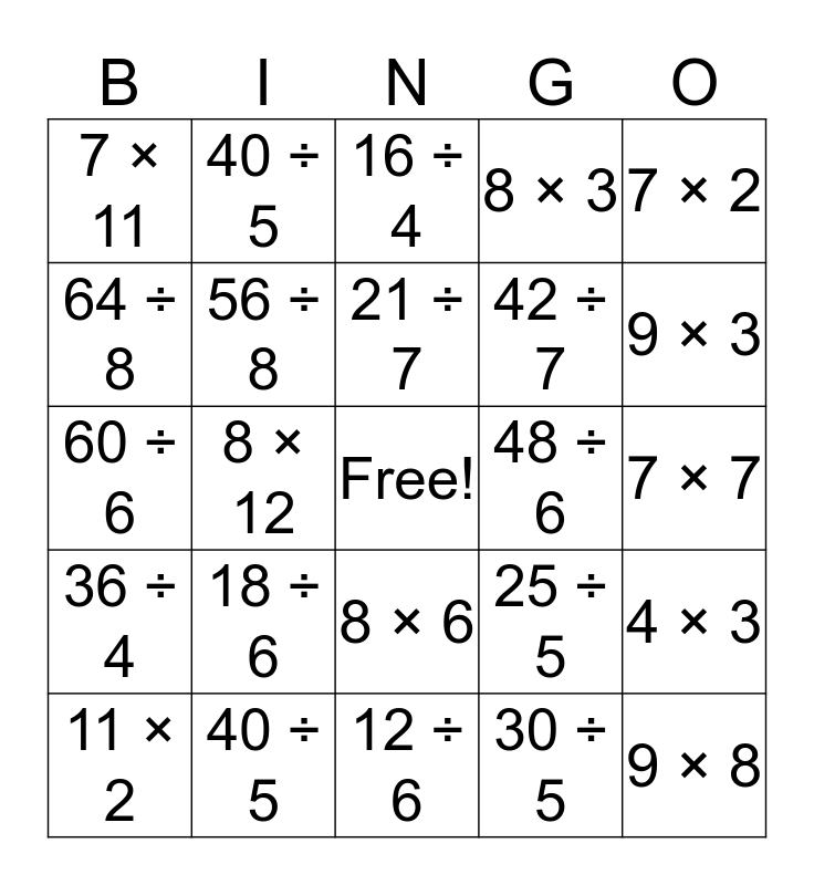 Math Bingo Card