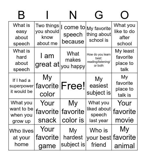 All About Me Bingo Card
