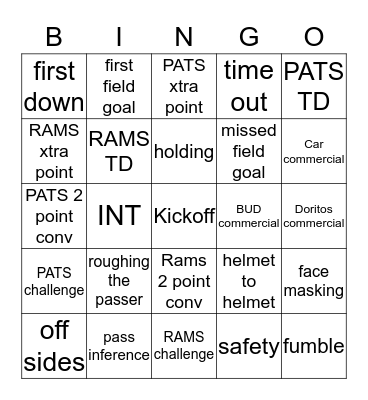 SUPER BOWL BINGO  Bingo Card