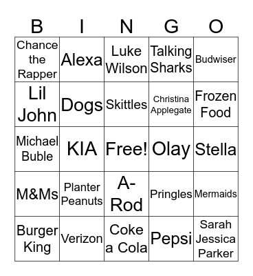 Superbowl 2019 Commercials Bingo Card