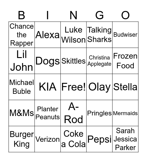 Superbowl 2019 Commercials Bingo Card