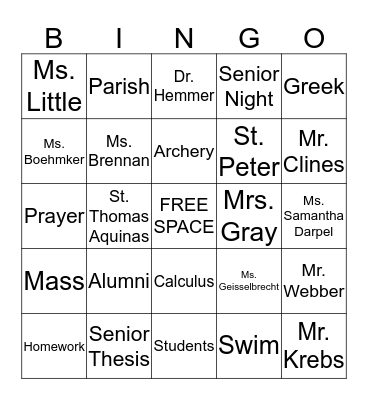 Catholic Schools Week BINGO Card