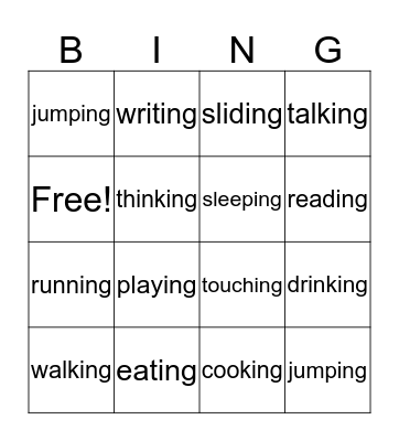 Action Word Bingo Card