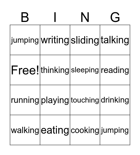 Action Word Bingo Card