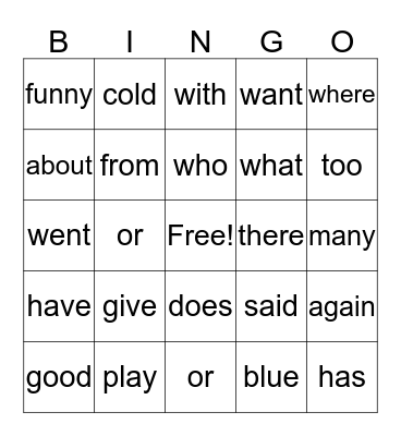Sight Word Bingo Card