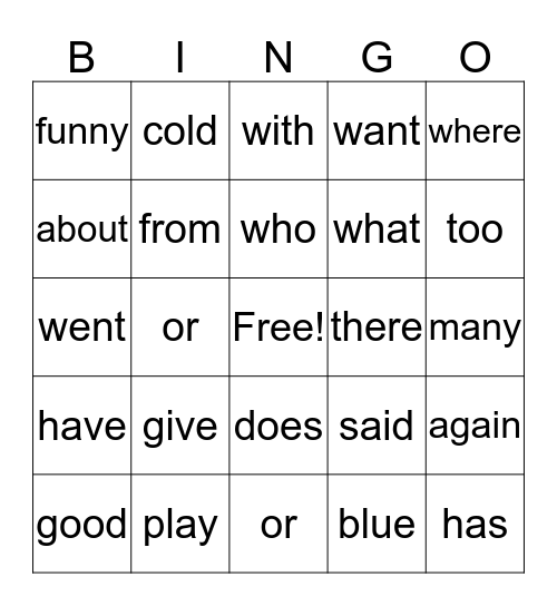 Sight Word Bingo Card