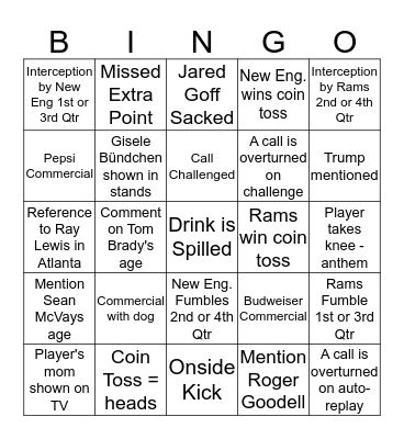 Superbowl LIII Bingo Card