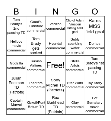 Super Bowl 53 Bingo Card