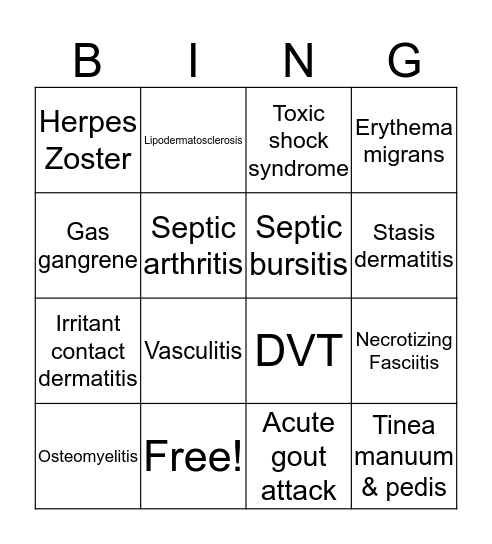 Cellulitis Differential Bingo Card