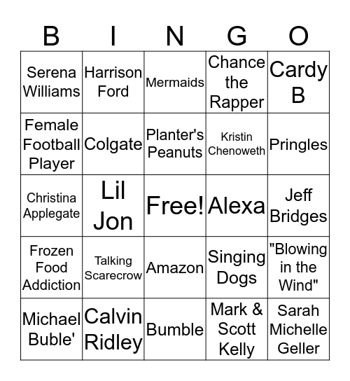 2019 Superbowl Commercials Bingo Card