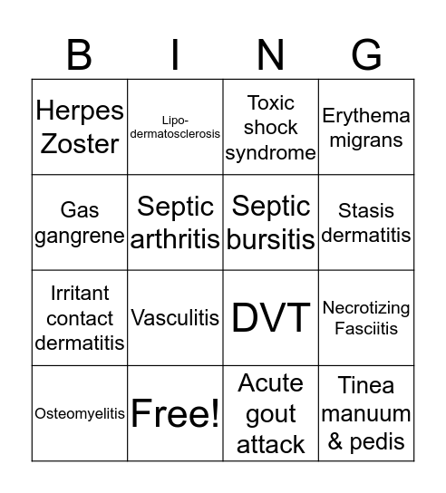 Cellulitis Differential Bingo Card
