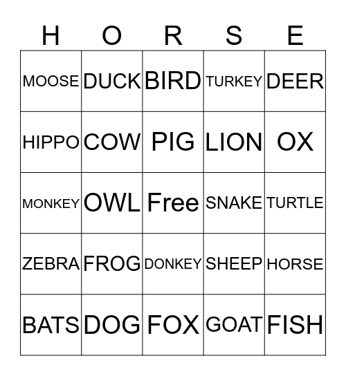 Animals Bingo Card