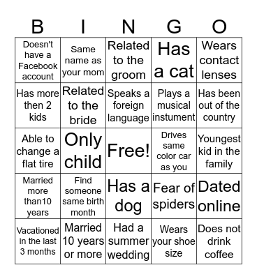 Gina's Bridal Shower Bingo Card