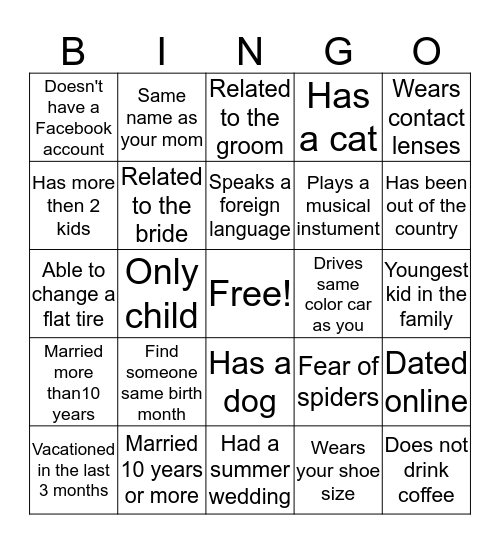 Gina's Bridal Shower Bingo Card
