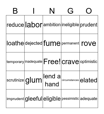 January Vocabulary Bingo Card