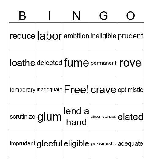 January Vocabulary Bingo Card