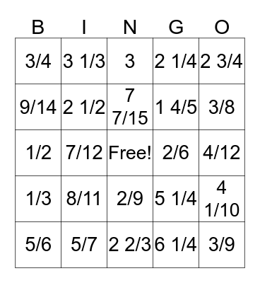 Fraction BINGO Card