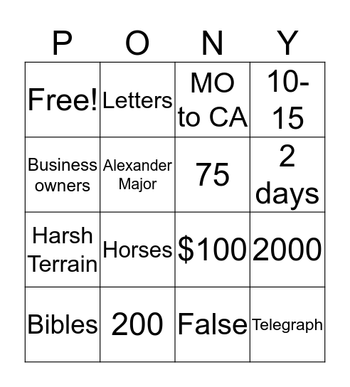 PONY EXPRESS Bingo Card