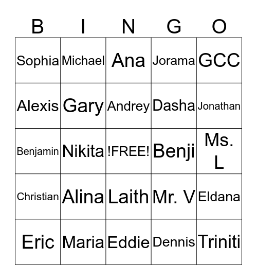 5th Grader Bingo Card