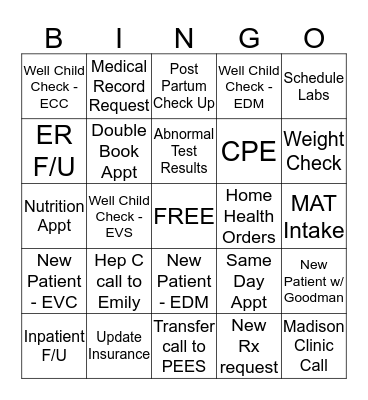 Call Center Bingo Card