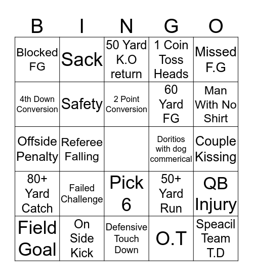 Superbowl Bingo Card