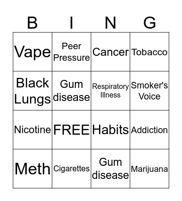 Drug Prevention Bingo Card