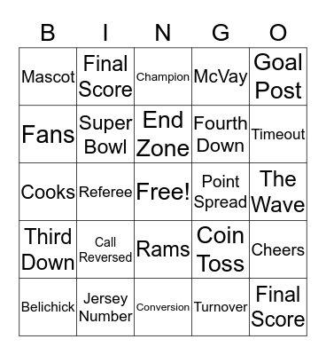 Superbowl 2019 Bingo Card