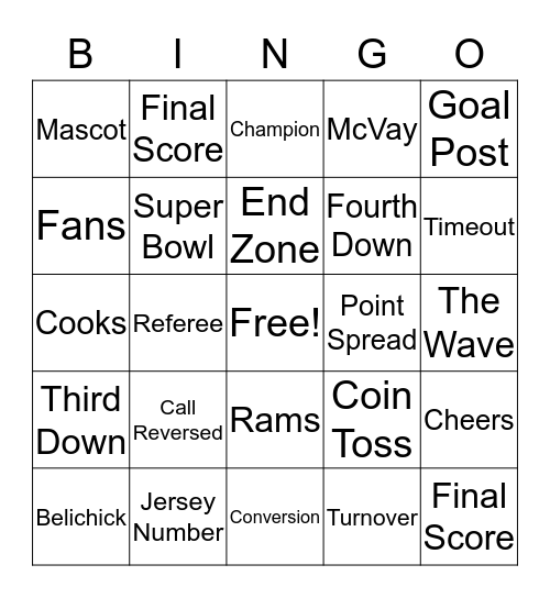 Superbowl 2019 Bingo Card