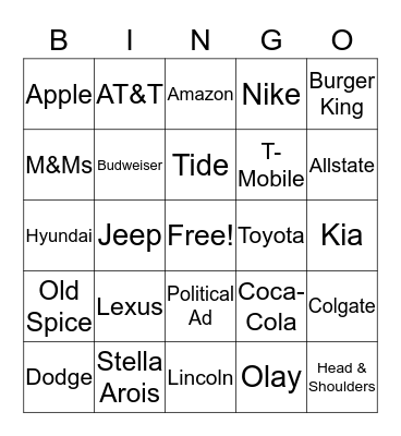 Superbowl Commercial Bingo Card