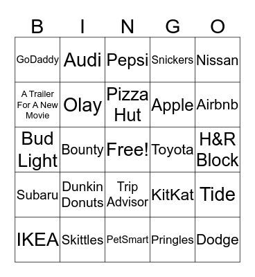 Superbowl Commerical Bingo Card