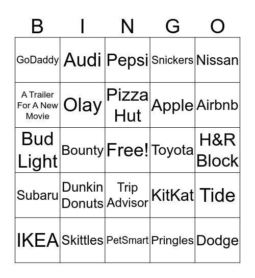 Superbowl Commerical Bingo Card