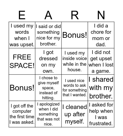 Best Behavior Bingo Card